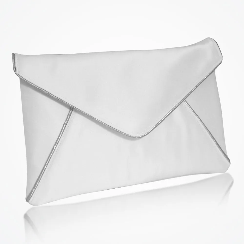 Katerina ivory satin clutch with silver piping
