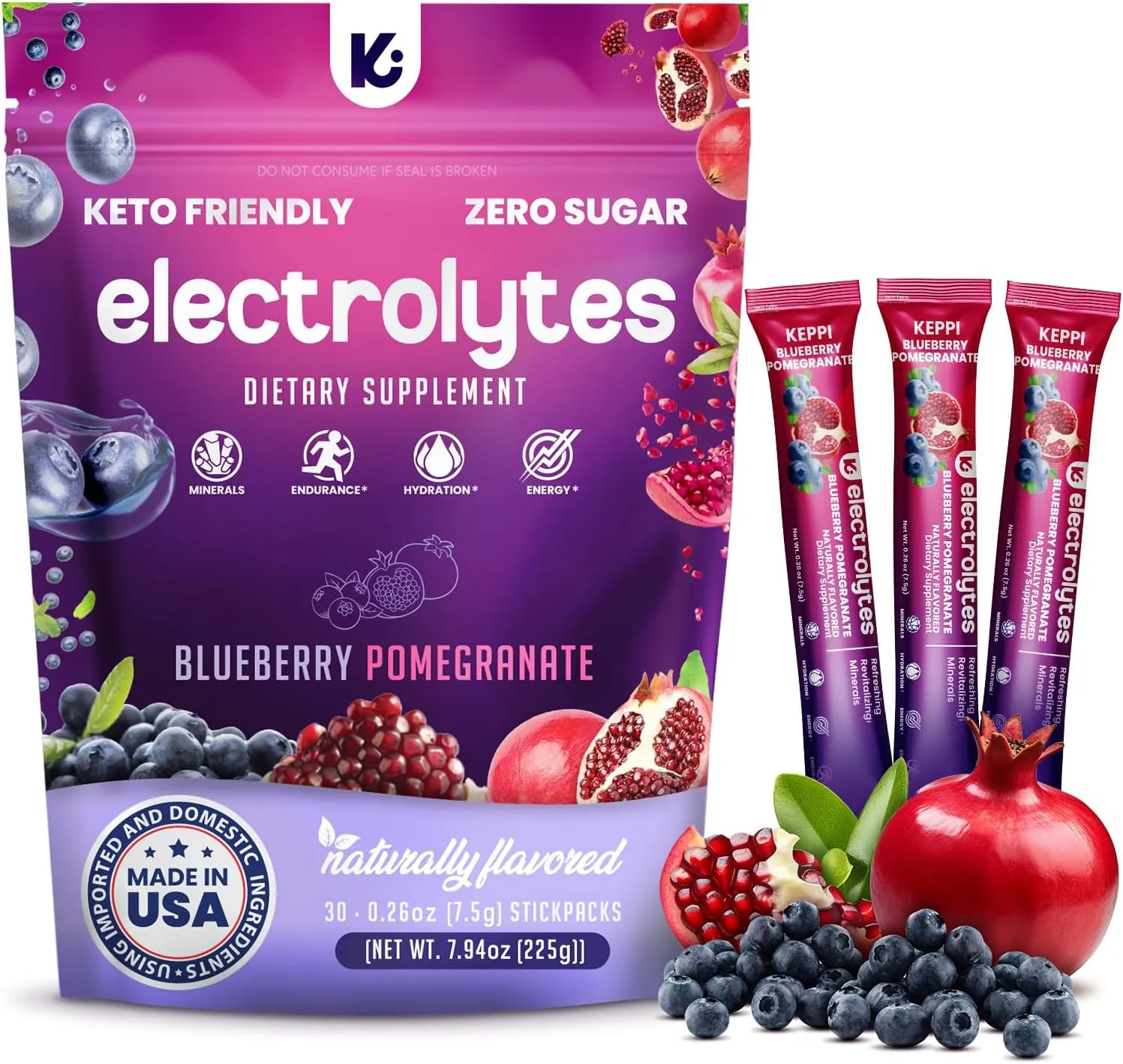 Keppi Blueberry Pomegranate Electrolytes Powder Packets – 30 Sugar Free Hydration Packets, Keto-Friendly Hydration Packet Perfect for Travel, Gym, and Everyday Refreshment