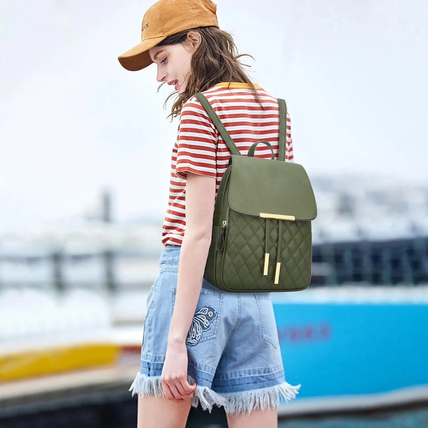 KKXIU Quilted Trendy Leather Backpack Purse for Women and Ladies Shoulder Travel Daypacks Bags (Olive)