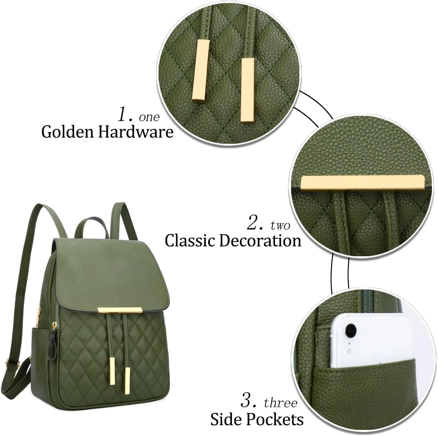 KKXIU Quilted Trendy Leather Backpack Purse for Women and Ladies Shoulder Travel Daypacks Bags (Olive)