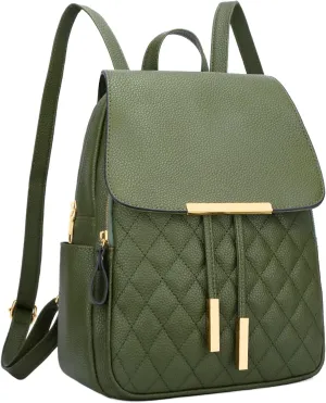 KKXIU Quilted Trendy Leather Backpack Purse for Women and Ladies Shoulder Travel Daypacks Bags (Olive)