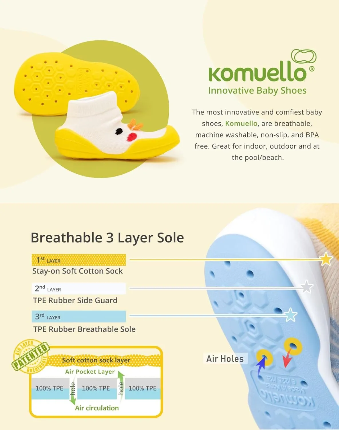 Komuello Baby and Toddler Shoes, Pull Up First Walker, Non Slip Bottom, Soft Cotton, Premium Sock Shoes - Walker