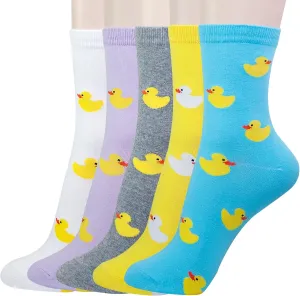 KONY 5 Pack Women's Cute Animal Socks Cotton Cat Dog Duck Patterned Novelty Fun Crew Socks Gift Size 6-9