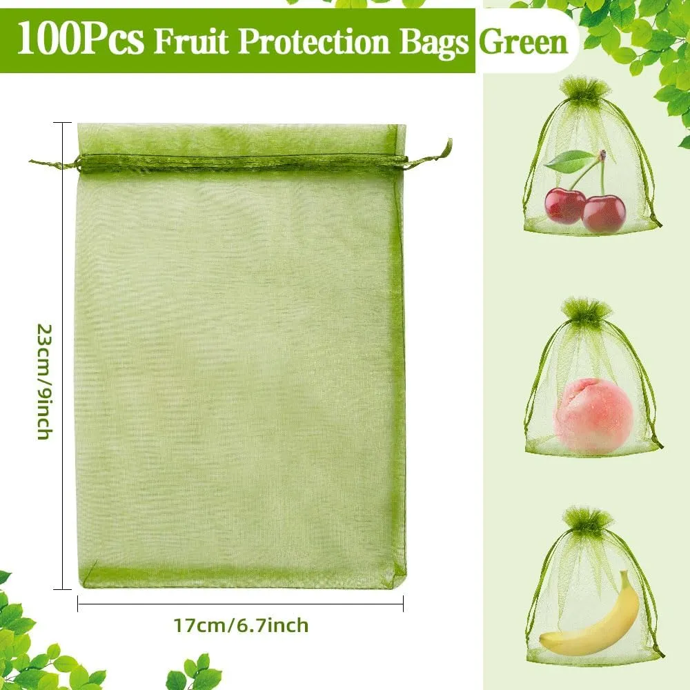 KQNBI 100 Pcs Fruit Protection Bags 6 x 9 Fruit Cover Bag for Fruits Trees Green Bags for Fruits & Vegetables Large Netting Bag with Drawstring Pest Barrier for Protect Tomato Mango Strawberry