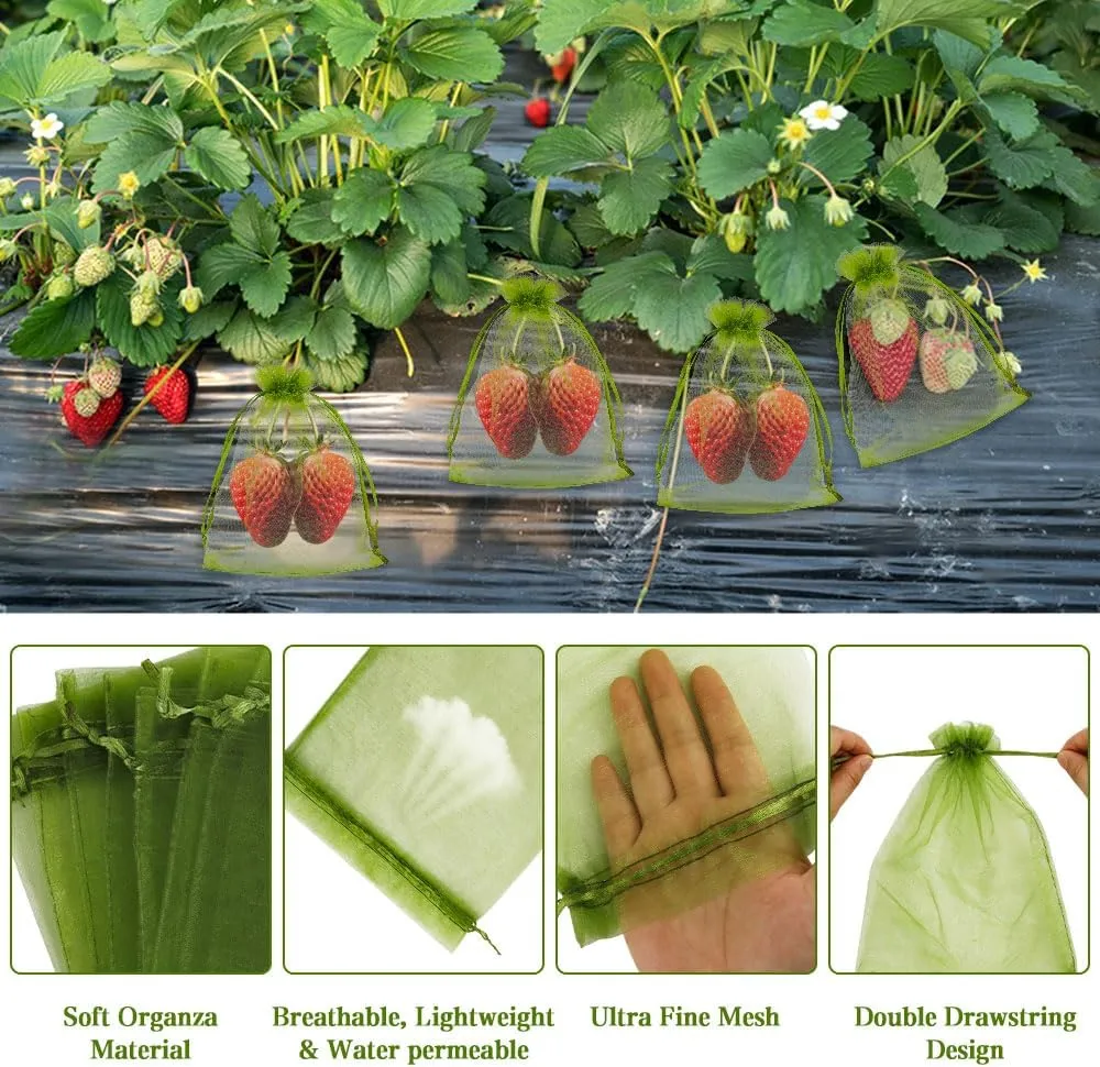 KQNBI 100 Pcs Fruit Protection Bags 6 x 9 Fruit Cover Bag for Fruits Trees Green Bags for Fruits & Vegetables Large Netting Bag with Drawstring Pest Barrier for Protect Tomato Mango Strawberry