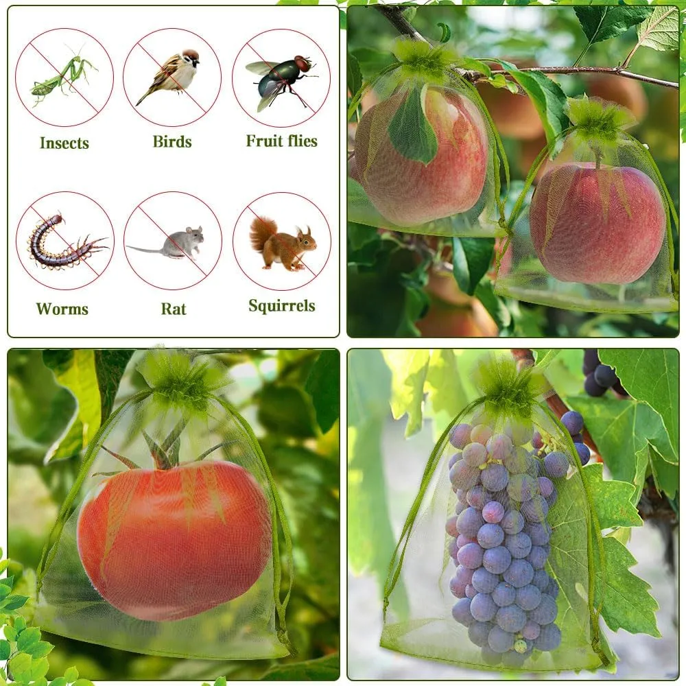 KQNBI 100 Pcs Fruit Protection Bags 6 x 9 Fruit Cover Bag for Fruits Trees Green Bags for Fruits & Vegetables Large Netting Bag with Drawstring Pest Barrier for Protect Tomato Mango Strawberry