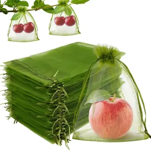 KQNBI 100 Pcs Fruit Protection Bags 6 x 9 Fruit Cover Bag for Fruits Trees Green Bags for Fruits & Vegetables Large Netting Bag with Drawstring Pest Barrier for Protect Tomato Mango Strawberry