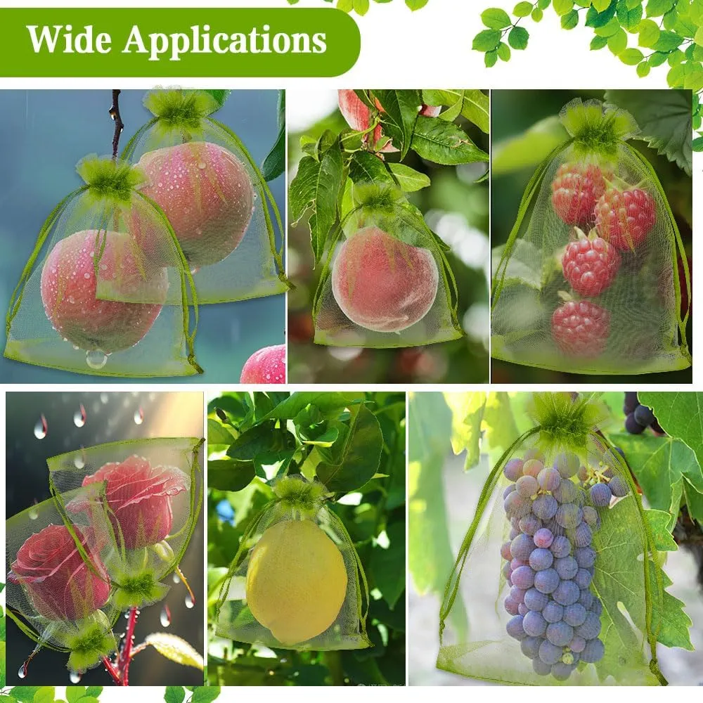 KQNBI 100 Pcs Fruit Protection Bags 6 x 9 Fruit Cover Bag for Fruits Trees Green Bags for Fruits & Vegetables Large Netting Bag with Drawstring Pest Barrier for Protect Tomato Mango Strawberry