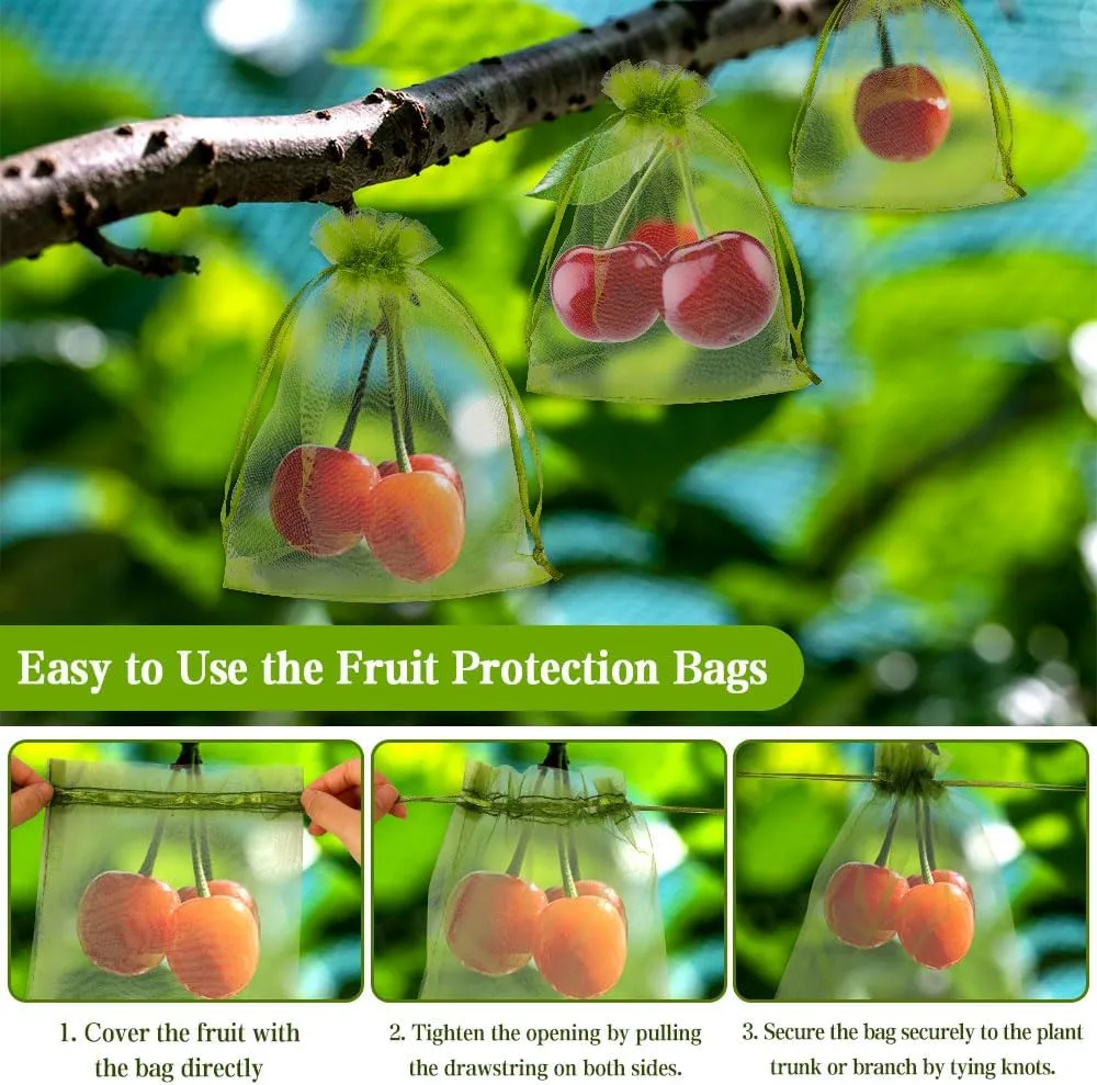 KQNBI 100 Pcs Fruit Protection Bags 6 x 9 Fruit Cover Bag for Fruits Trees Green Bags for Fruits & Vegetables Large Netting Bag with Drawstring Pest Barrier for Protect Tomato Mango Strawberry