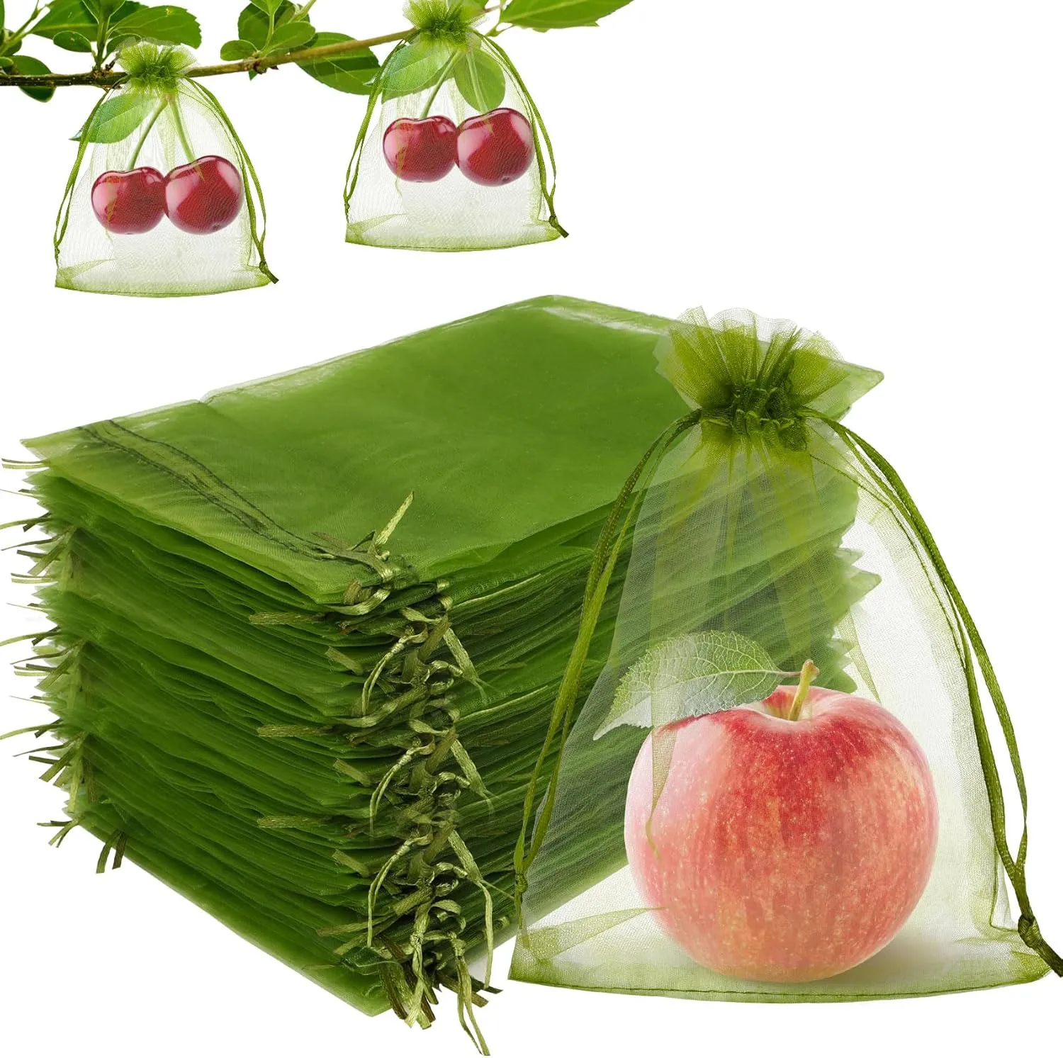 KQNBI 100 Pcs Fruit Protection Bags 6 x 9 Fruit Cover Bag for Fruits Trees Green Bags for Fruits & Vegetables Large Netting Bag with Drawstring Pest Barrier for Protect Tomato Mango Strawberry