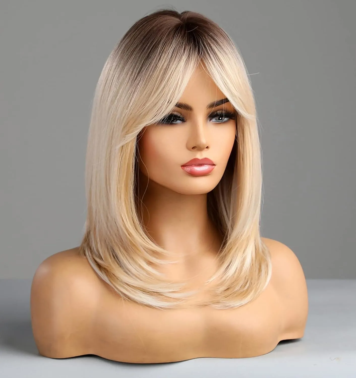 LANOVA Blonde Wig with Bangs, Ombre Brown Bang Wig Synthetic, Shoulder Length Wigs, Natural Straight Wig, Mixed Blonde Wig with Highlight Layered Hair Cut LANOVA-163