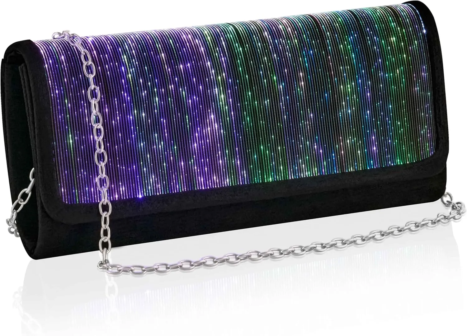 Larcenciel Clutch Purse for Women, LED Light Up Purse - 11 Neon Glow Modes, Holographic Evening Bag with Chain Strap, Rechargeable Party Handbag for Prom Disco Club Bar Night Events Weddings (Black)