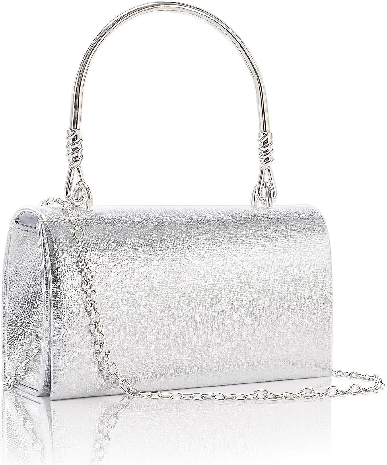 Larcenciel Clutch Purses for Women, Elegant Metallic Silver Evening Handbags with 2 Chain Straps, Fashion Vegan Leather Ladies Party Bags for Prom Wedding Cocktail Club Formal Events Nights Out, Small