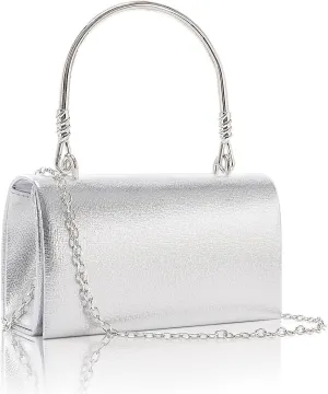 Larcenciel Clutch Purses for Women, Elegant Metallic Silver Evening Handbags with 2 Chain Straps, Fashion Vegan Leather Ladies Party Bags for Prom Wedding Cocktail Club Formal Events Nights Out, Small