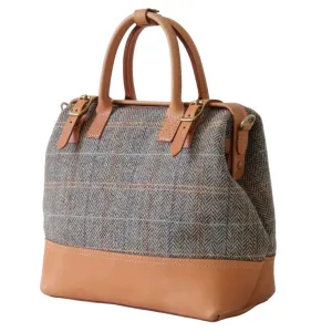 Large Harris Tweed Lady's Wool Leather Doctor Bag Women Crossbody Bag, Top Handle Bag, Long Strap Purse, Shoulder Bag (honey)