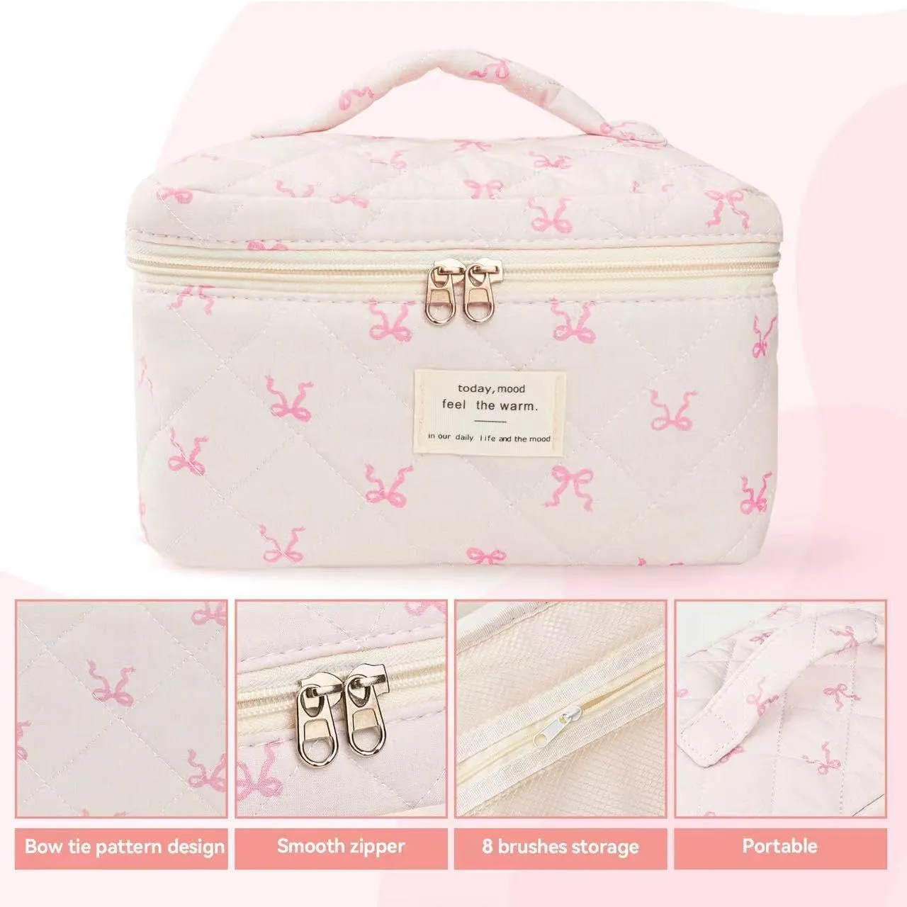 Large Travel Quilted Makeup Bag，Cute Bow Cotton cosmetic bag, Fashionable aesthetic makeup bag,Coquette Aesthetic Floral Travel Toiletry Bag for Women and Girls