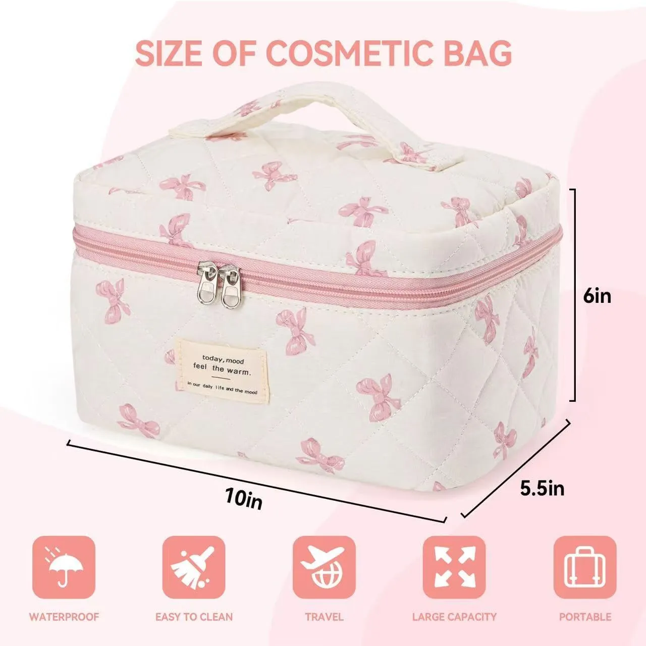 Large Travel Quilted Makeup Bag，Cute Bow Cotton cosmetic bag, Fashionable aesthetic makeup bag,Coquette Aesthetic Floral Travel Toiletry Bag for Women and Girls