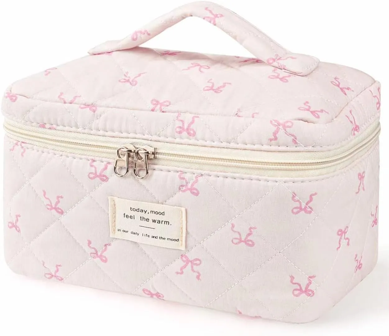 Large Travel Quilted Makeup Bag，Cute Bow Cotton cosmetic bag, Fashionable aesthetic makeup bag,Coquette Aesthetic Floral Travel Toiletry Bag for Women and Girls