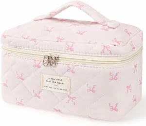 Large Travel Quilted Makeup Bag，Cute Bow Cotton cosmetic bag, Fashionable aesthetic makeup bag,Coquette Aesthetic Floral Travel Toiletry Bag for Women and Girls