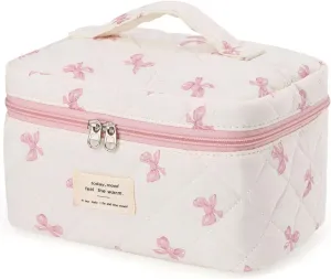 Large Travel Quilted Makeup Bag，Cute Bow Cotton cosmetic bag, Fashionable aesthetic makeup bag,Coquette Aesthetic Floral Travel Toiletry Bag for Women and Girls