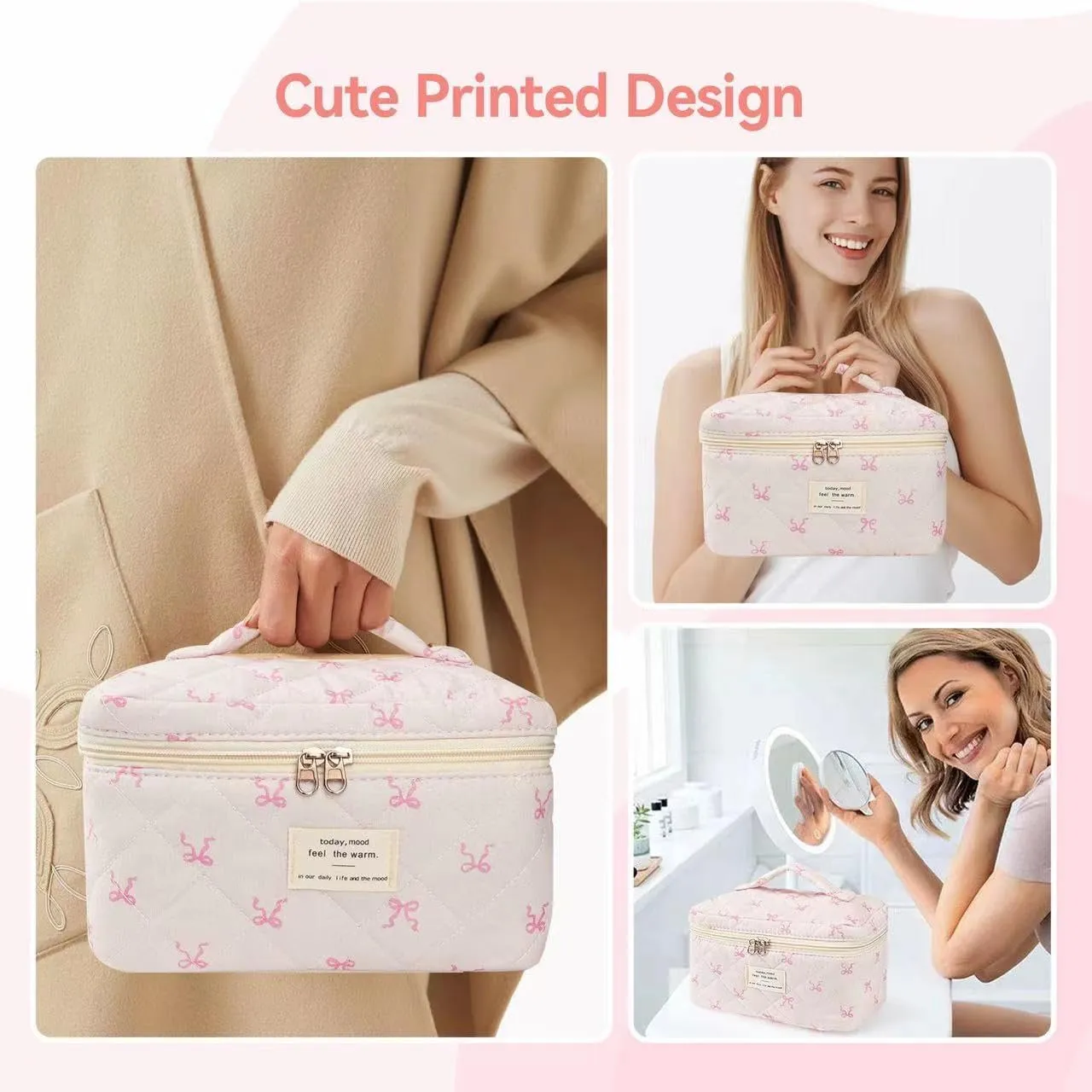Large Travel Quilted Makeup Bag，Cute Bow Cotton cosmetic bag, Fashionable aesthetic makeup bag,Coquette Aesthetic Floral Travel Toiletry Bag for Women and Girls