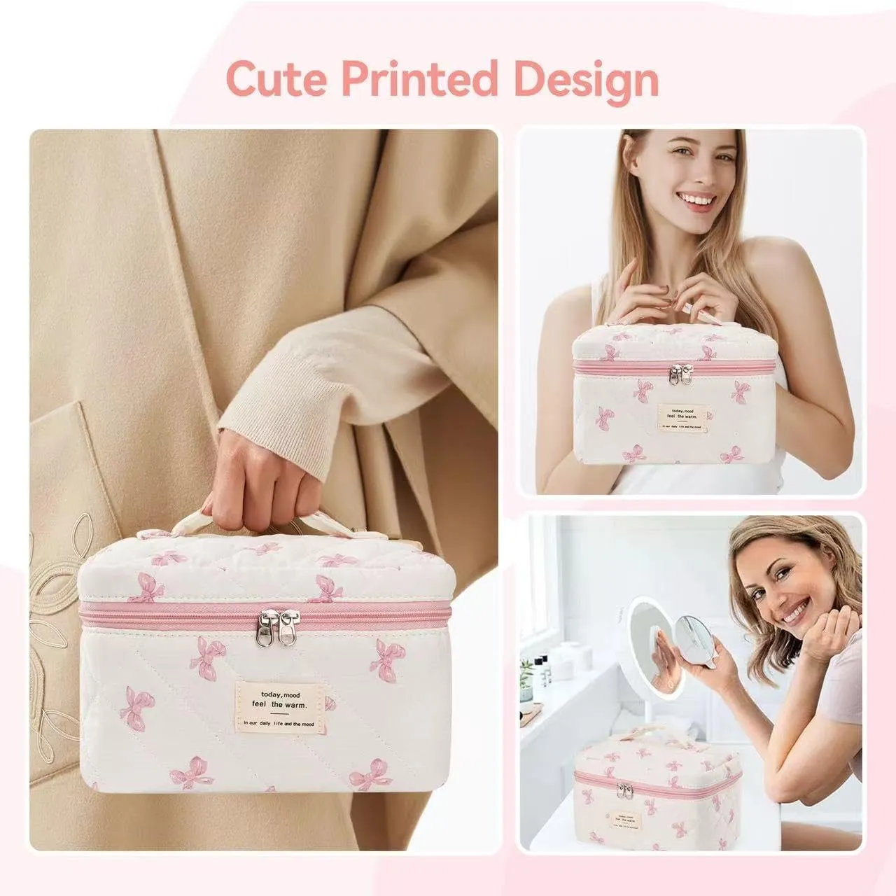 Large Travel Quilted Makeup Bag，Cute Bow Cotton cosmetic bag, Fashionable aesthetic makeup bag,Coquette Aesthetic Floral Travel Toiletry Bag for Women and Girls