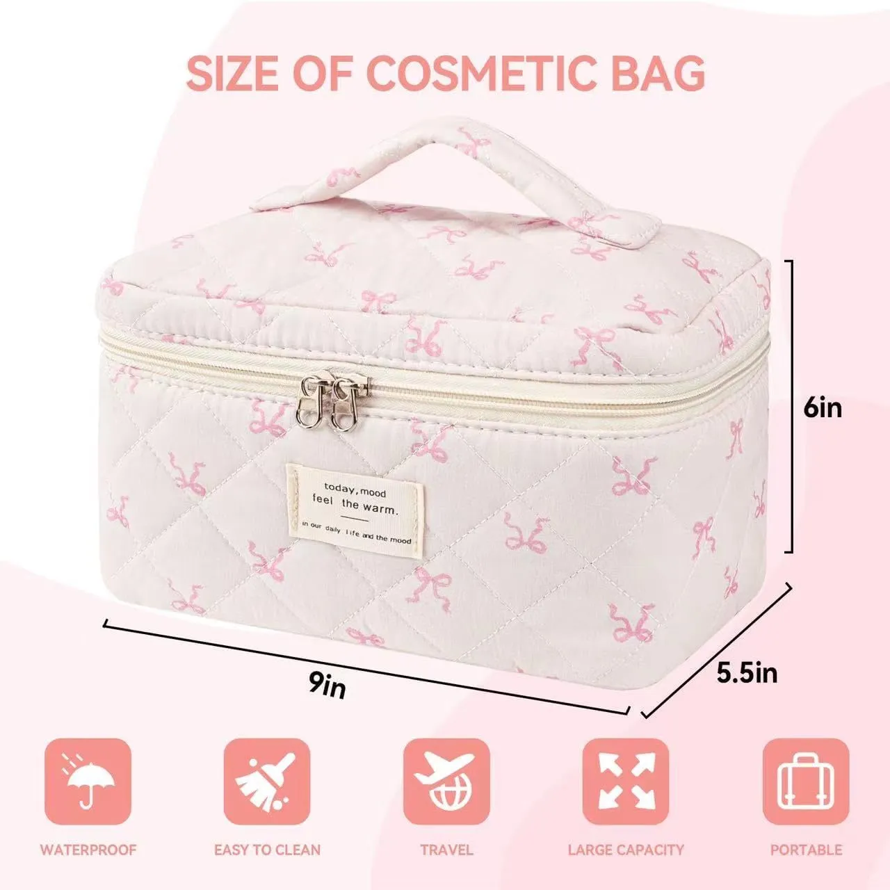 Large Travel Quilted Makeup Bag，Cute Bow Cotton cosmetic bag, Fashionable aesthetic makeup bag,Coquette Aesthetic Floral Travel Toiletry Bag for Women and Girls