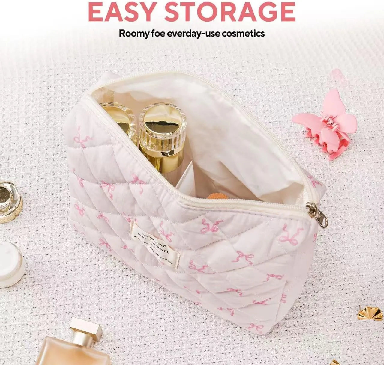 Large Travel Quilted Makeup Bag，Cute Bow Cotton cosmetic bag, Fashionable aesthetic makeup bag,Coquette Aesthetic Floral Travel Toiletry Bag for Women