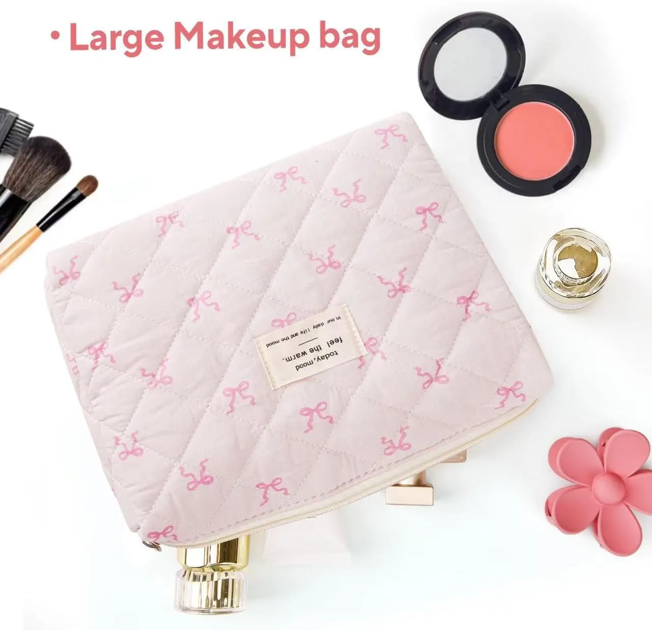 Large Travel Quilted Makeup Bag，Cute Bow Cotton cosmetic bag, Fashionable aesthetic makeup bag,Coquette Aesthetic Floral Travel Toiletry Bag for Women