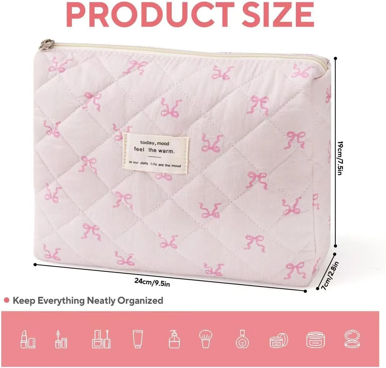 Large Travel Quilted Makeup Bag，Cute Bow Cotton cosmetic bag, Fashionable aesthetic makeup bag,Coquette Aesthetic Floral Travel Toiletry Bag for Women