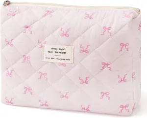 Large Travel Quilted Makeup Bag，Cute Bow Cotton cosmetic bag, Fashionable aesthetic makeup bag,Coquette Aesthetic Floral Travel Toiletry Bag for Women