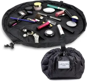 Lay-n-Go Cosmo Drawstring Cosmetic & Makeup Bag Organizer - Portable Drawstring Bag w/Zipper Pocket, Makeup Loops & More - Durable, Machine Washable Toiletry Bag for Travel (20", Black)