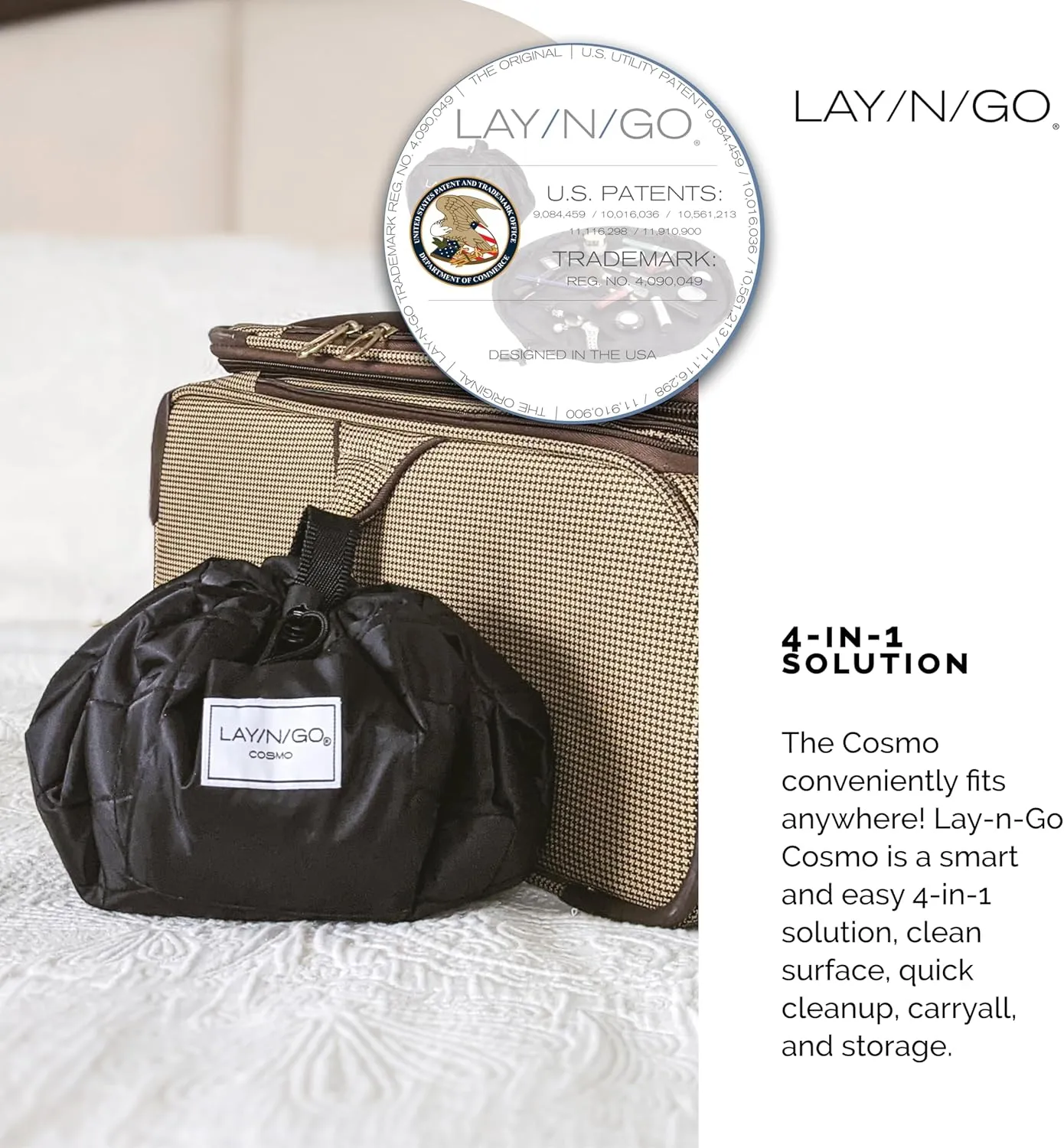 Lay-n-Go Cosmo Drawstring Cosmetic & Makeup Bag Organizer - Portable Drawstring Bag w/Zipper Pocket, Makeup Loops & More - Durable, Machine Washable Toiletry Bag for Travel (20", Black)