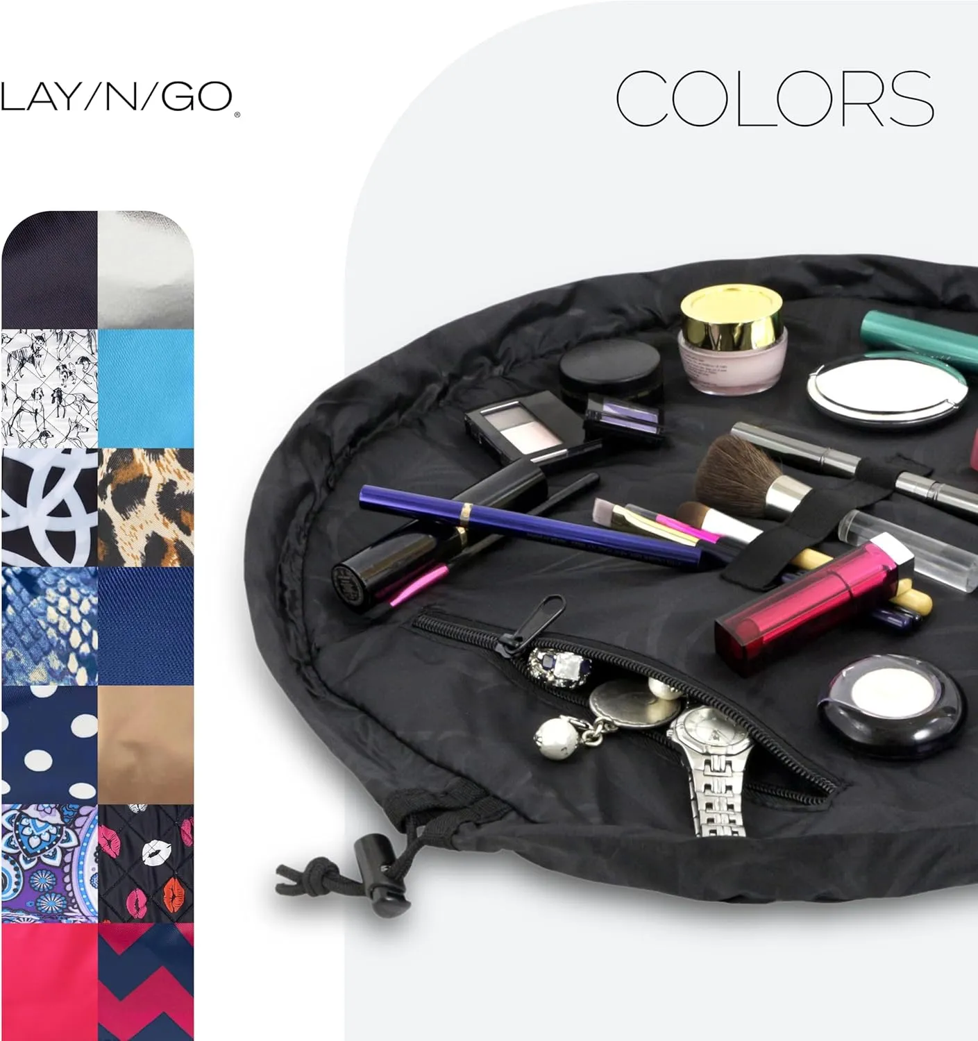 Lay-n-Go Cosmo Drawstring Cosmetic & Makeup Bag Organizer - Portable Drawstring Bag w/Zipper Pocket, Makeup Loops & More - Durable, Machine Washable Toiletry Bag for Travel (20", Black)