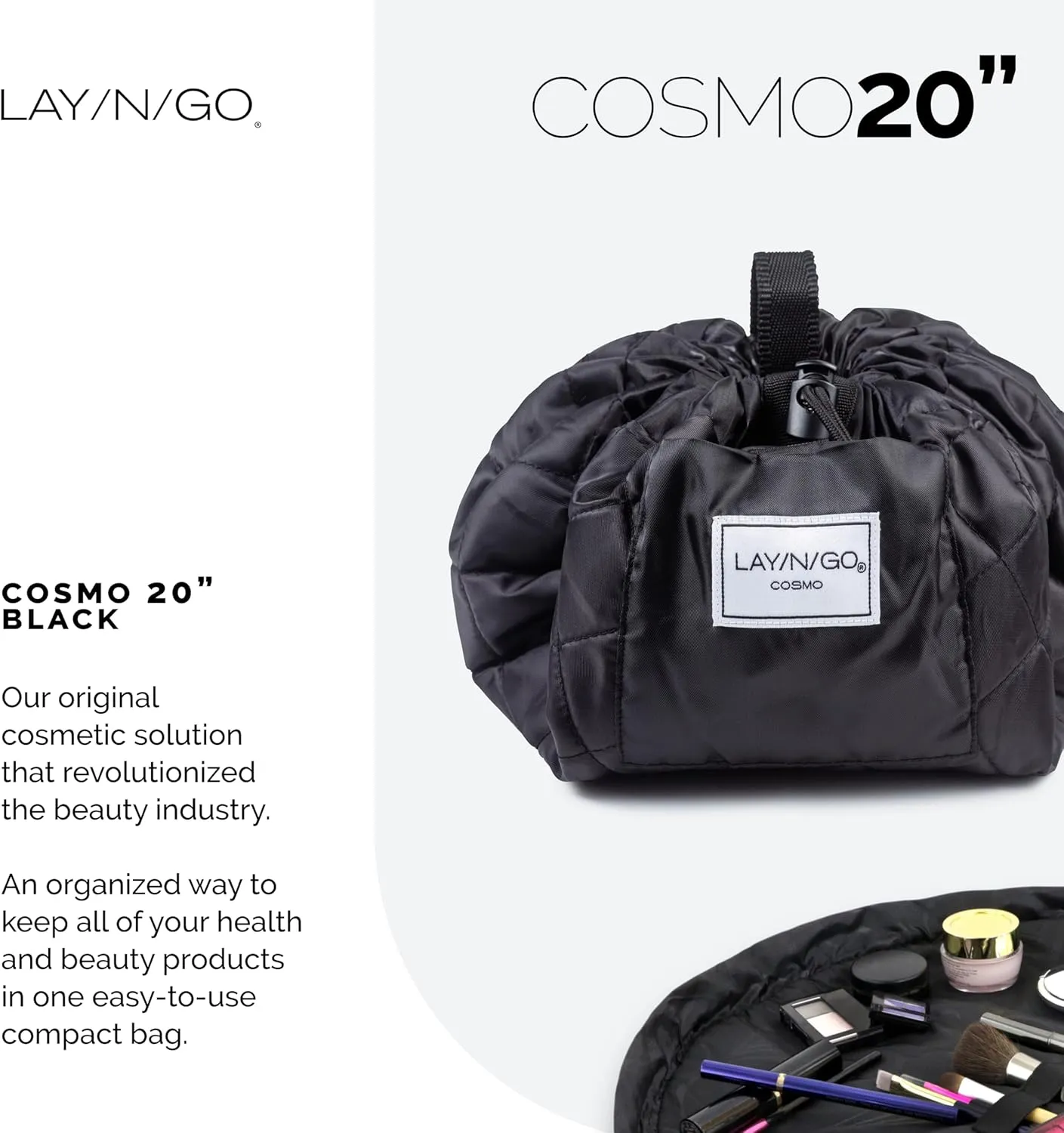 Lay-n-Go Cosmo Drawstring Cosmetic & Makeup Bag Organizer - Portable Drawstring Bag w/Zipper Pocket, Makeup Loops & More - Durable, Machine Washable Toiletry Bag for Travel (20", Black)