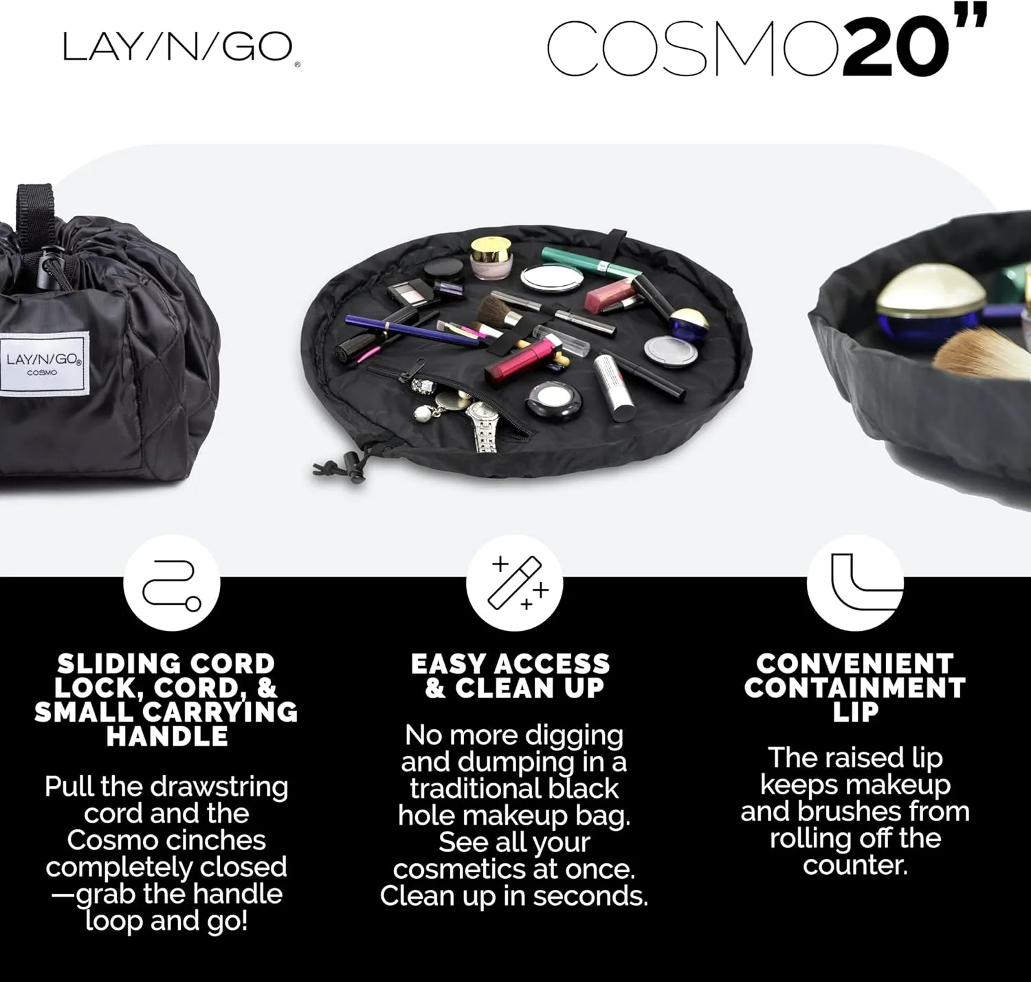 Lay-n-Go Cosmo Drawstring Cosmetic & Makeup Bag Organizer - Portable Drawstring Bag w/Zipper Pocket, Makeup Loops & More - Durable, Machine Washable Toiletry Bag for Travel (20", Black)
