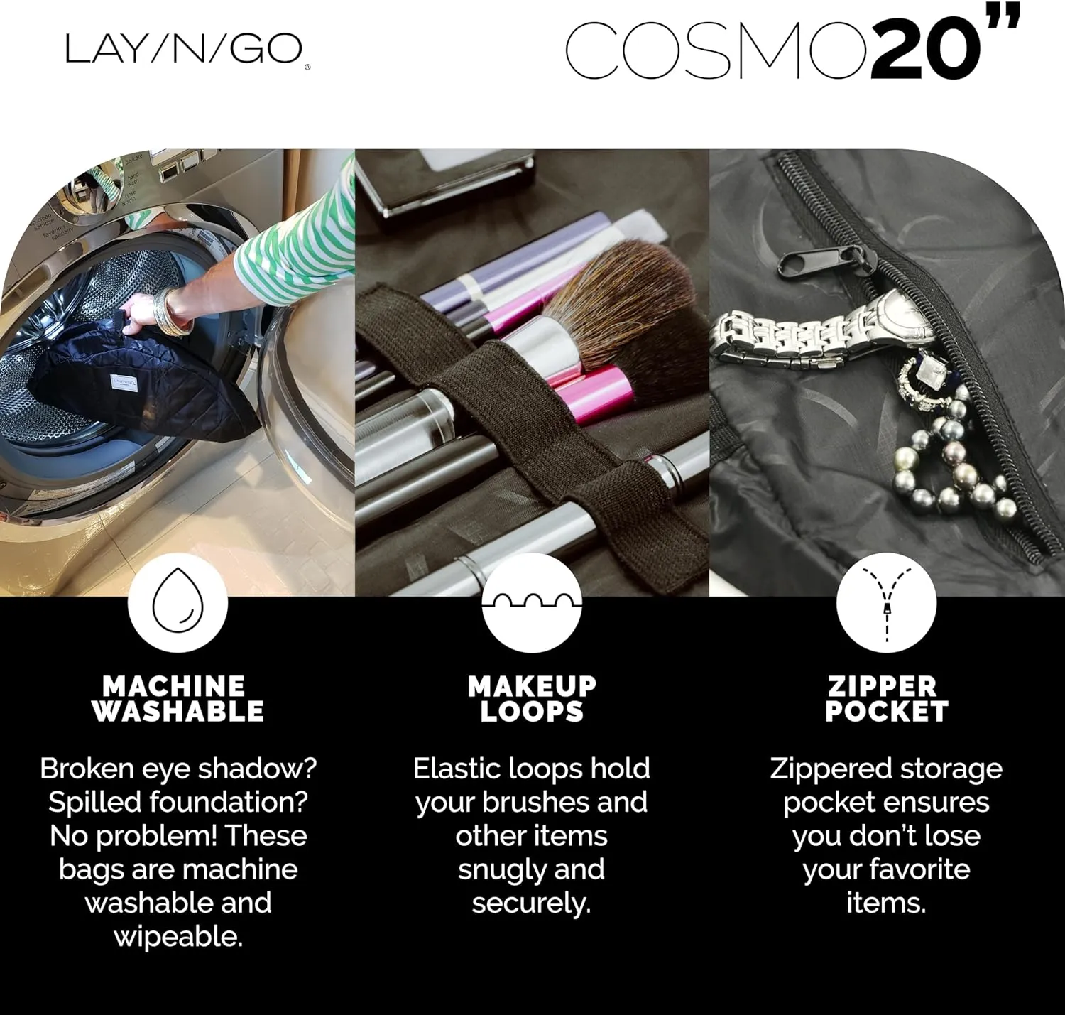Lay-n-Go Cosmo Drawstring Cosmetic & Makeup Bag Organizer - Portable Drawstring Bag w/Zipper Pocket, Makeup Loops & More - Durable, Machine Washable Toiletry Bag for Travel (20", Black)