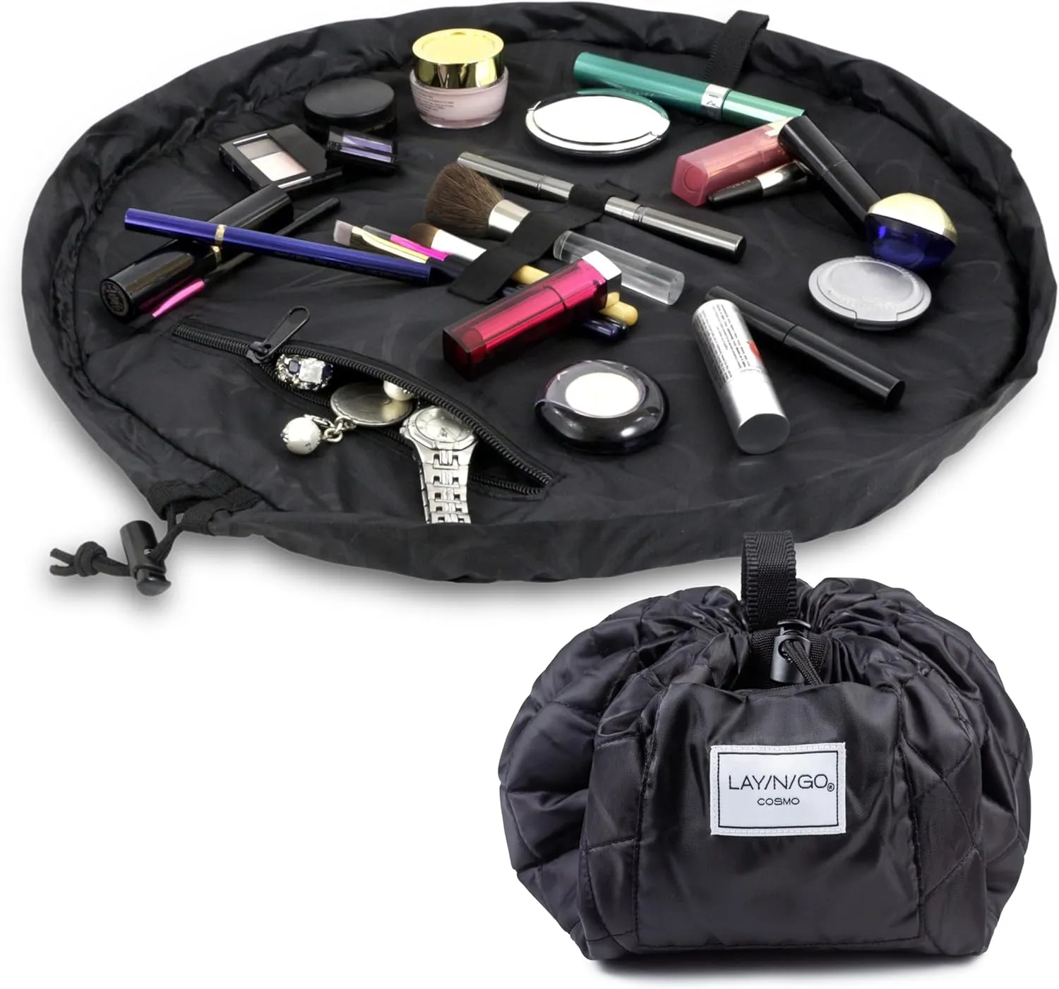 Lay-n-Go Cosmo Drawstring Cosmetic & Makeup Bag Organizer - Portable Drawstring Bag w/Zipper Pocket, Makeup Loops & More - Durable, Machine Washable Toiletry Bag for Travel (20", Black)