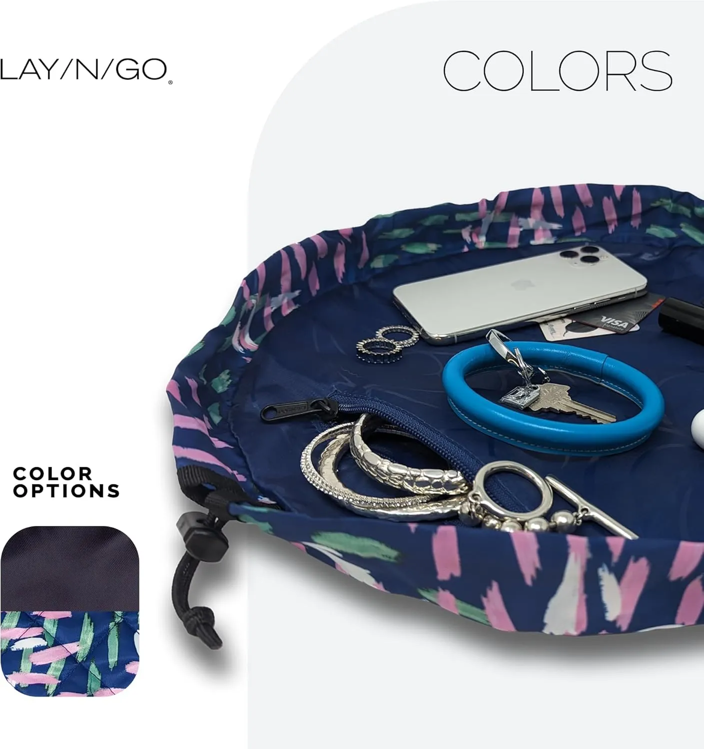 Lay-n-Go Cosmo Drawstring Cosmetic & Makeup Bag Organizer - Portable Drawstring Makeup Bag w/Zipper Pocket & More - Durable, Machine Washable Toiletry Bag for Travel (16", Crossmark)