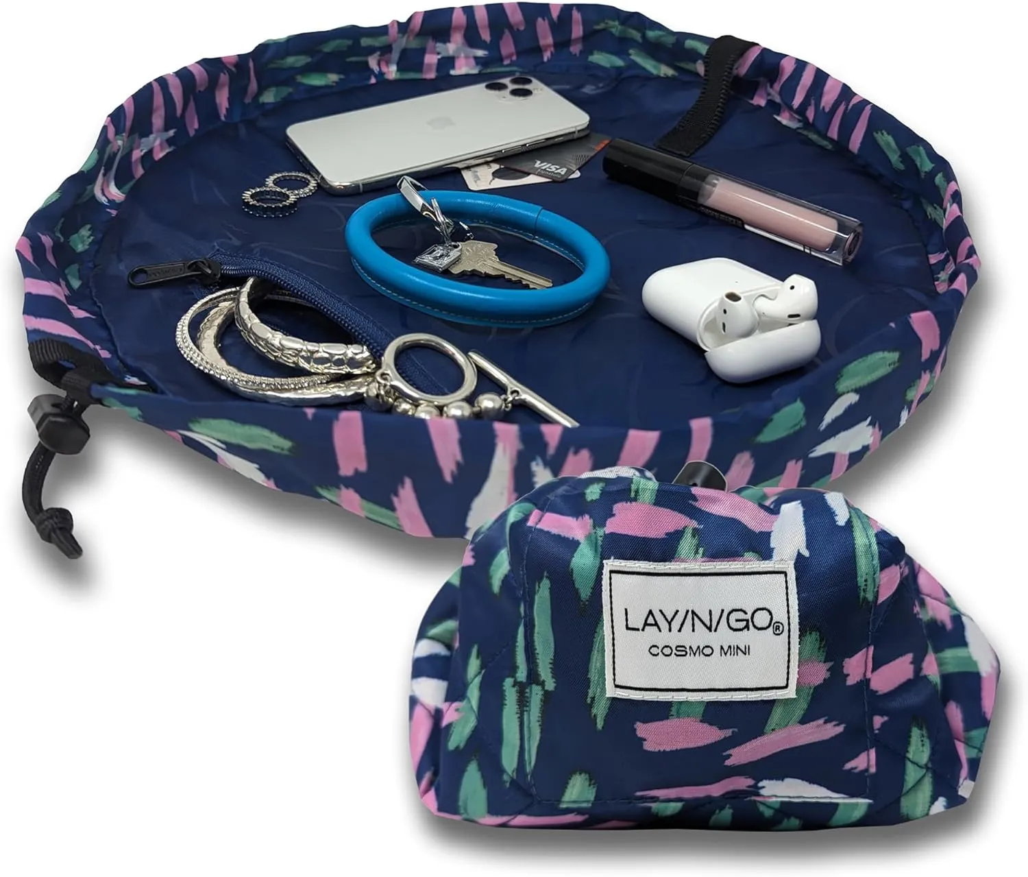 Lay-n-Go Cosmo Drawstring Cosmetic & Makeup Bag Organizer - Portable Drawstring Makeup Bag w/Zipper Pocket & More - Durable, Machine Washable Toiletry Bag for Travel (16", Crossmark)