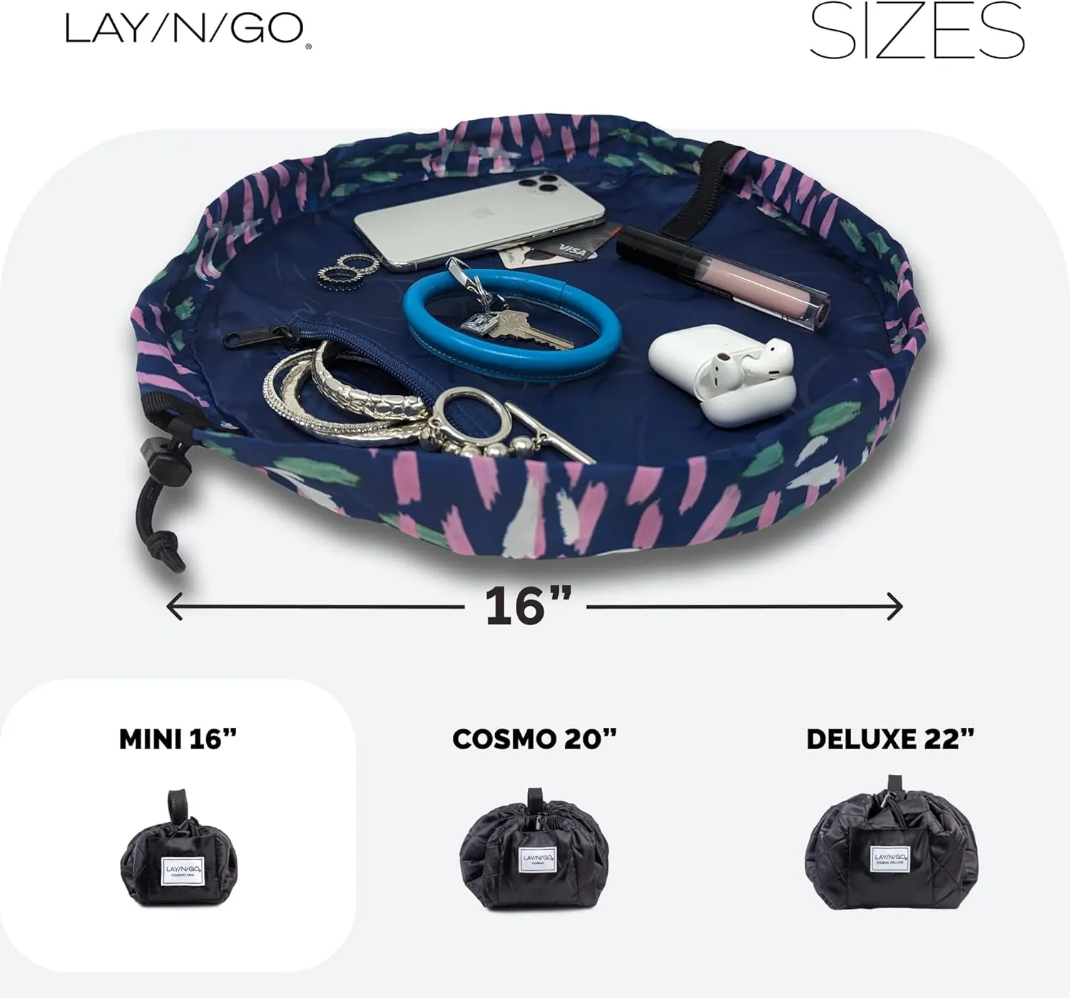 Lay-n-Go Cosmo Drawstring Cosmetic & Makeup Bag Organizer - Portable Drawstring Makeup Bag w/Zipper Pocket & More - Durable, Machine Washable Toiletry Bag for Travel (16", Crossmark)