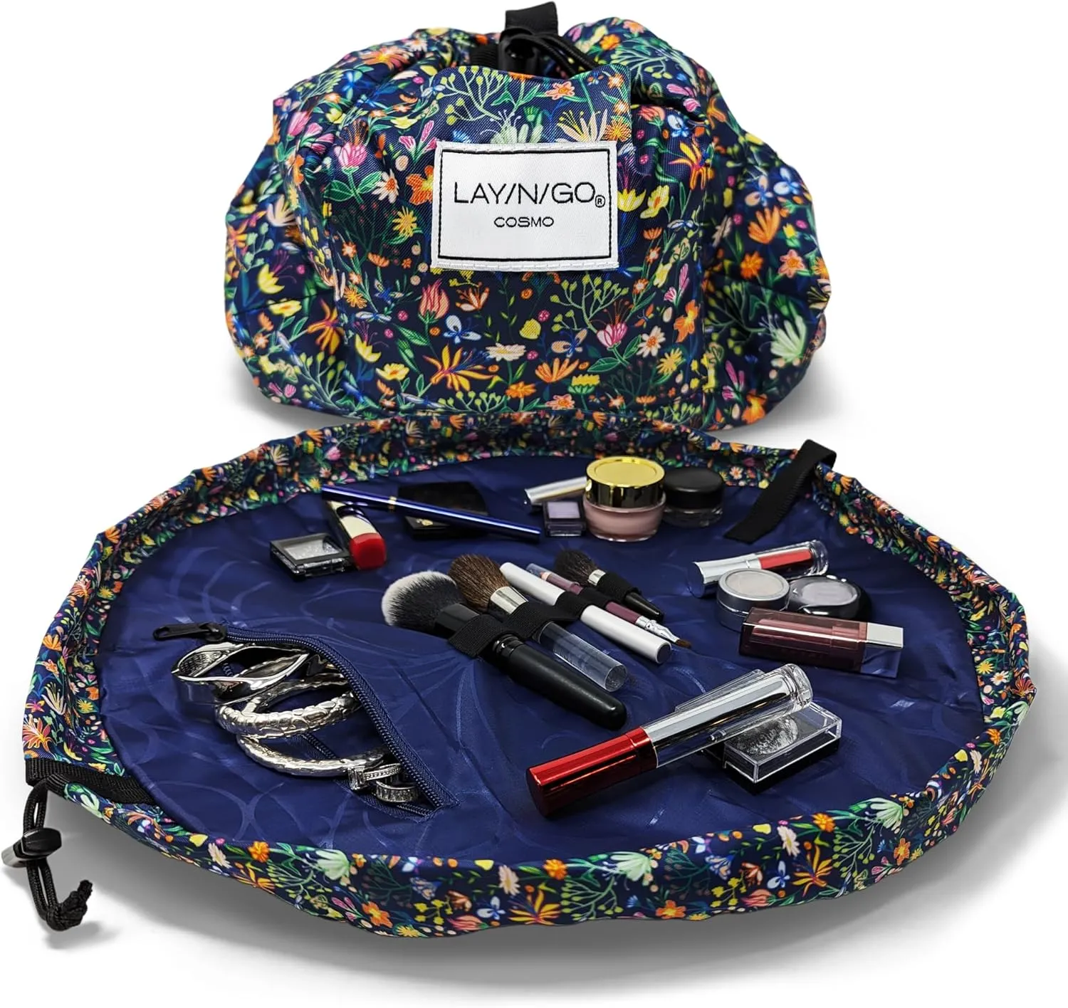 Lay-n-Go Cosmo Drawstring Cosmetic & Makeup Bag Organizer - Portable Drawstring Makeup Bag w/Zipper Pocket, Loops & More -Durable, Machine Washable Toiletry Bag (20", Butterfly Small Floral)