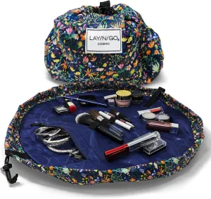 Lay-n-Go Cosmo Drawstring Cosmetic & Makeup Bag Organizer - Portable Drawstring Makeup Bag w/Zipper Pocket, Loops & More -Durable, Machine Washable Toiletry Bag (20", Butterfly Small Floral)