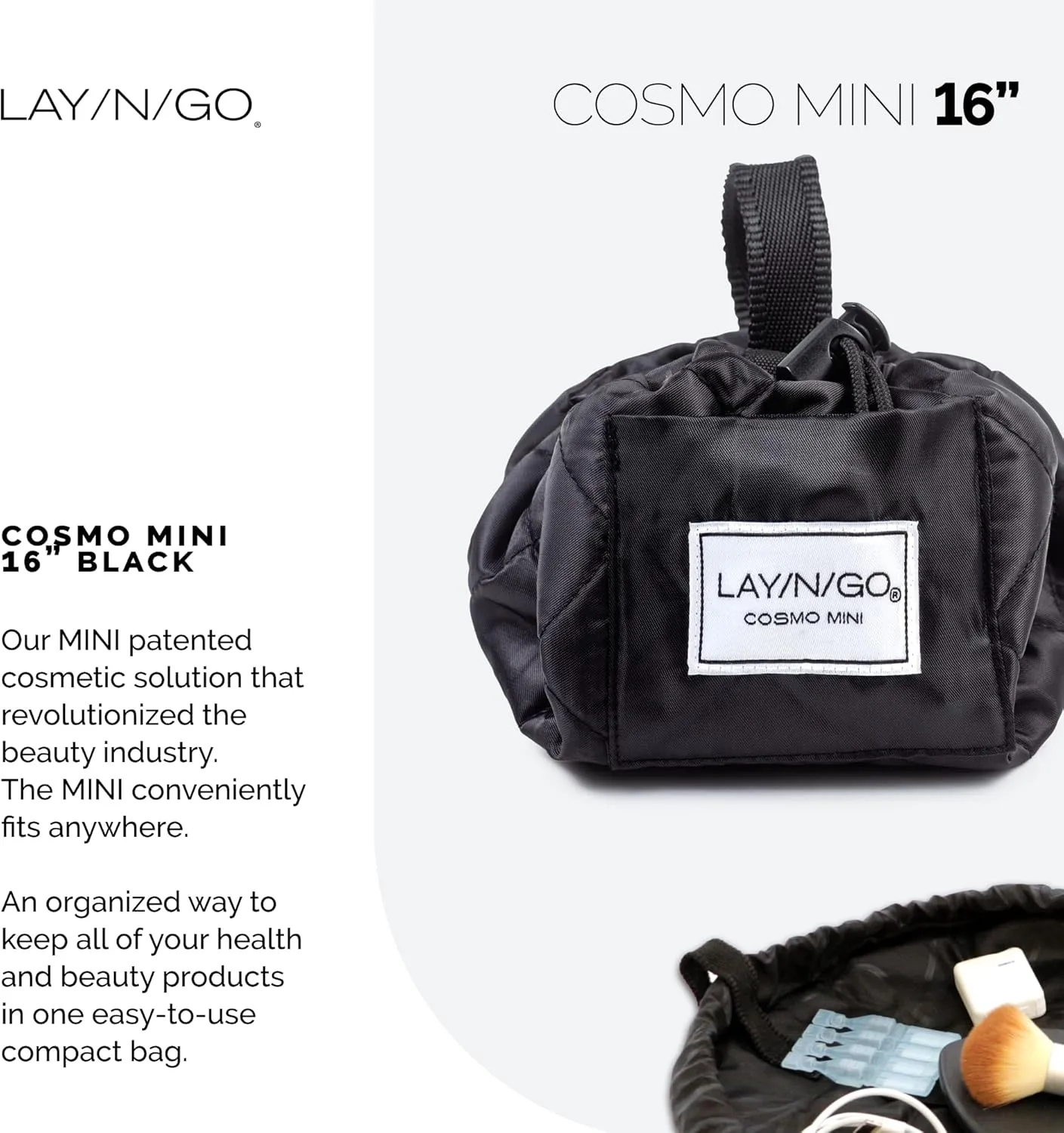 Lay-n-Go Cosmo Drawstring Cosmetic & Makeup Bag Organizer - Portable Drawstring Makeup Bag w/Zipper Pocket, Makeup Loops & More - Durable, Machine Washable Toiletry Bag for Travel (16", Black)