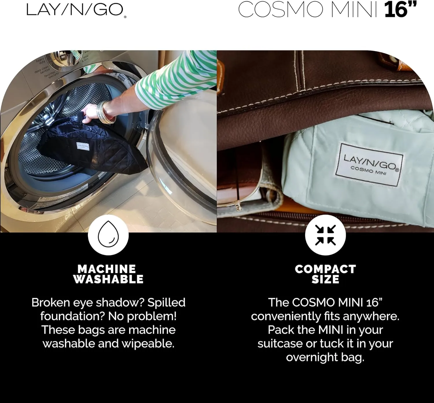 Lay-n-Go Cosmo Drawstring Cosmetic & Makeup Bag Organizer - Portable Drawstring Makeup Bag w/Zipper Pocket, Makeup Loops & More - Durable, Machine Washable Toiletry Bag for Travel (16", Black)