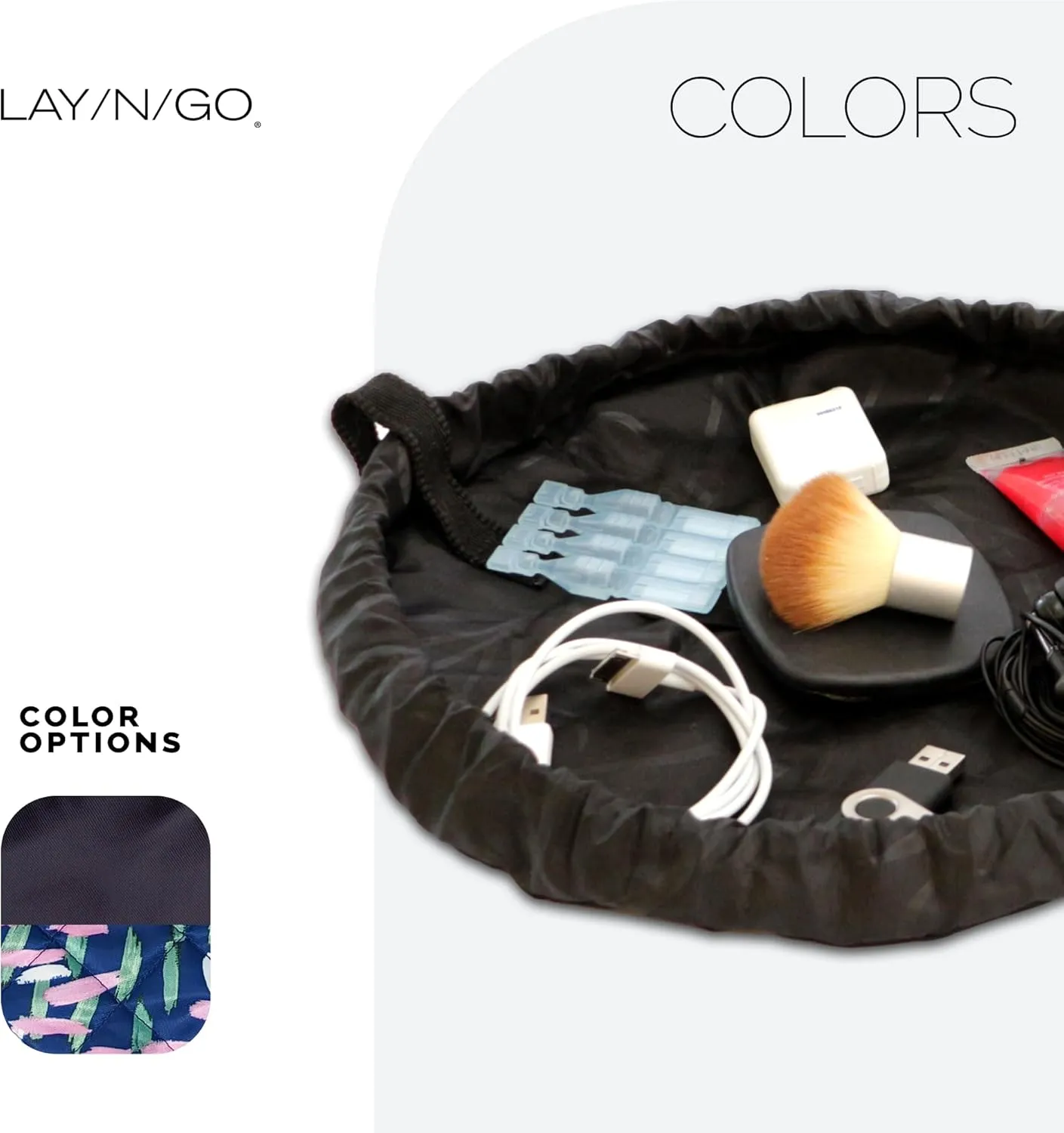 Lay-n-Go Cosmo Drawstring Cosmetic & Makeup Bag Organizer - Portable Drawstring Makeup Bag w/Zipper Pocket, Makeup Loops & More - Durable, Machine Washable Toiletry Bag for Travel (16", Black)