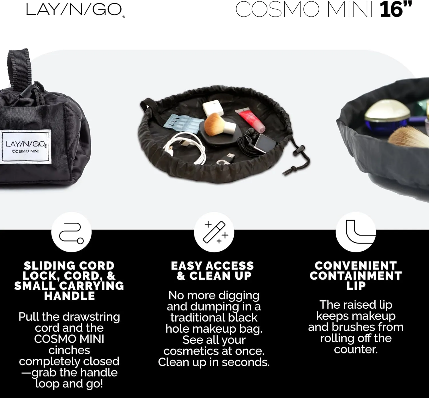 Lay-n-Go Cosmo Drawstring Cosmetic & Makeup Bag Organizer - Portable Drawstring Makeup Bag w/Zipper Pocket, Makeup Loops & More - Durable, Machine Washable Toiletry Bag for Travel (16", Black)