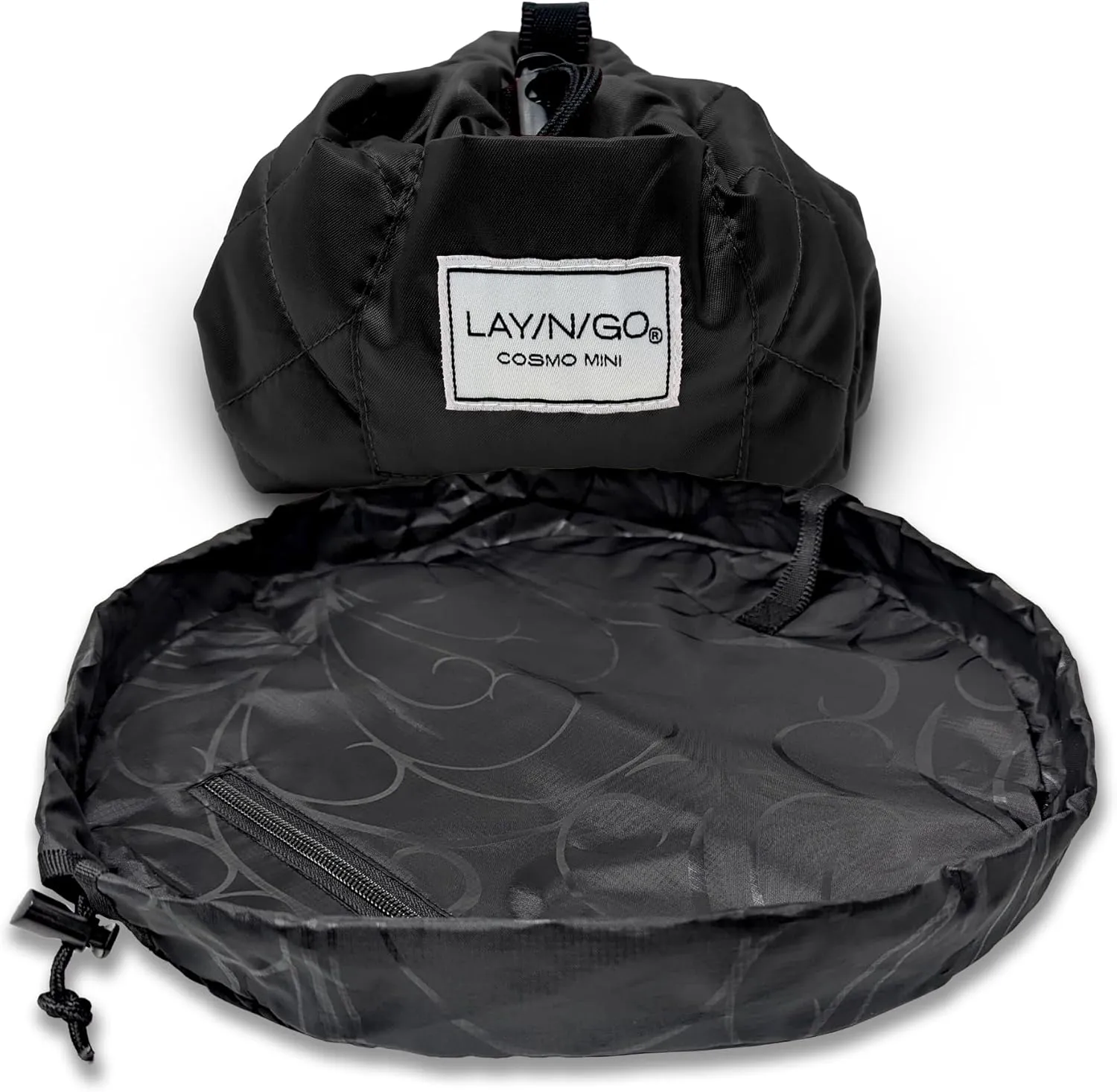 Lay-n-Go Cosmo Drawstring Cosmetic & Makeup Bag Organizer - Portable Drawstring Makeup Bag w/Zipper Pocket, Makeup Loops & More - Durable, Machine Washable Toiletry Bag for Travel (16", Black)