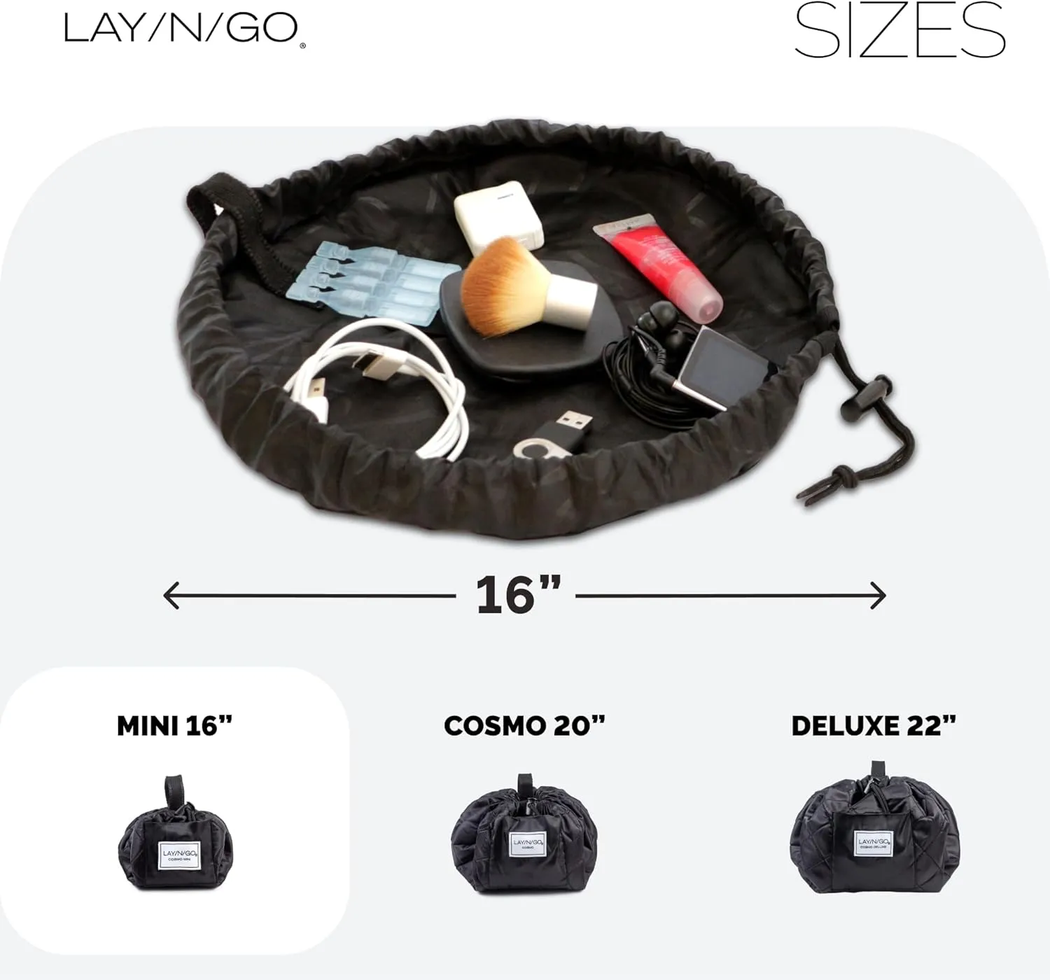 Lay-n-Go Cosmo Drawstring Cosmetic & Makeup Bag Organizer - Portable Drawstring Makeup Bag w/Zipper Pocket, Makeup Loops & More - Durable, Machine Washable Toiletry Bag for Travel (16", Black)