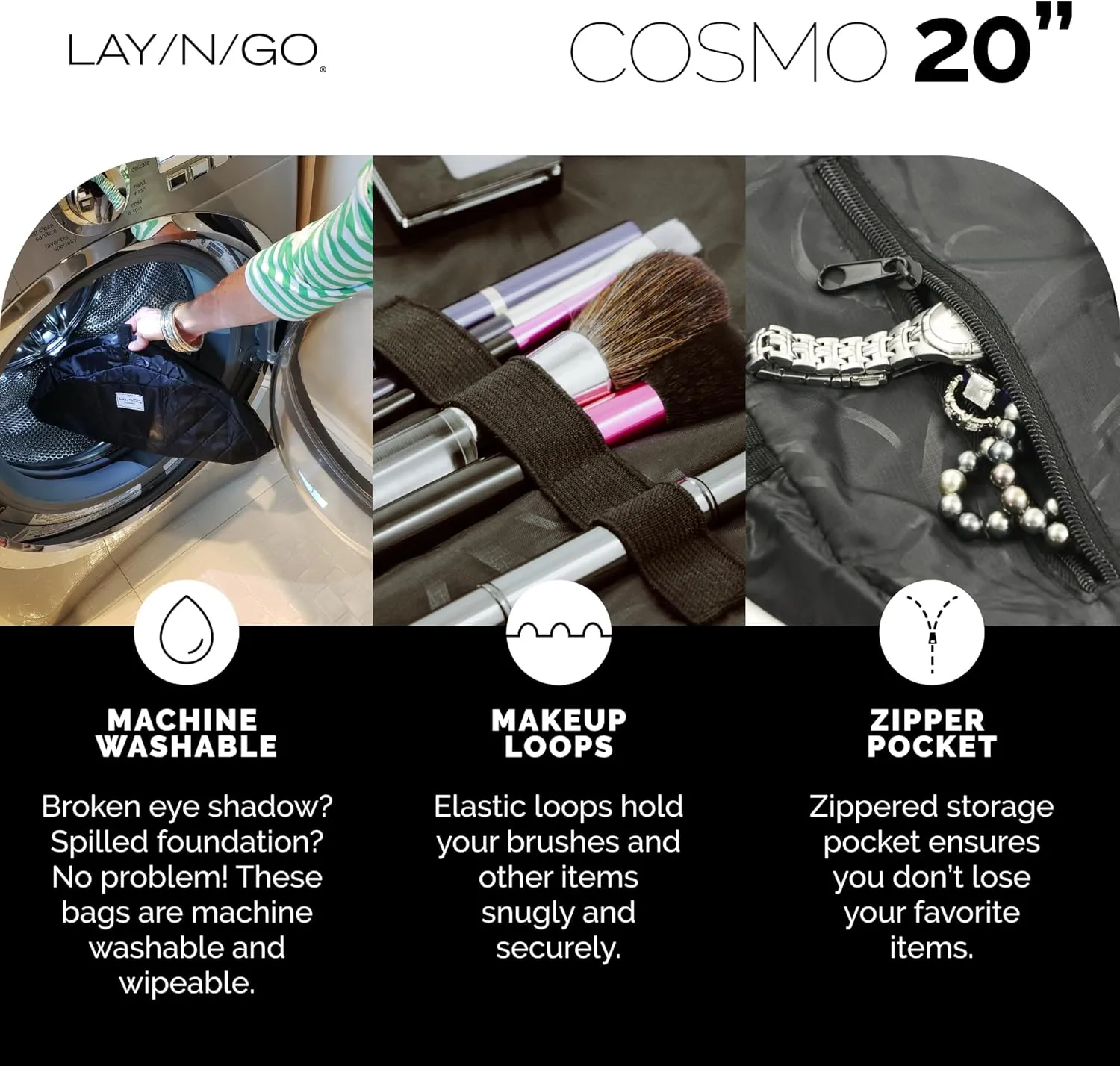 Lay-n-Go Cosmo Drawstring Cosmetic & Makeup Bag Organizer - Portable Drawstring Makeup Bag w/Zipper Pocket, Makeup Loops & More - Durable, Machine Washable Toiletry Bag for Travel (20", Leopard)